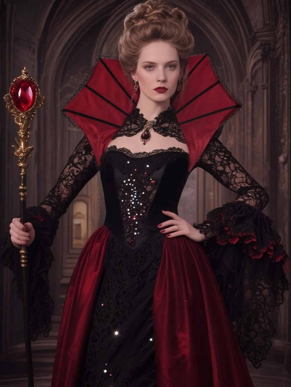 NEW! Gothic Red And Black Victorian Queen Stand Up Collar